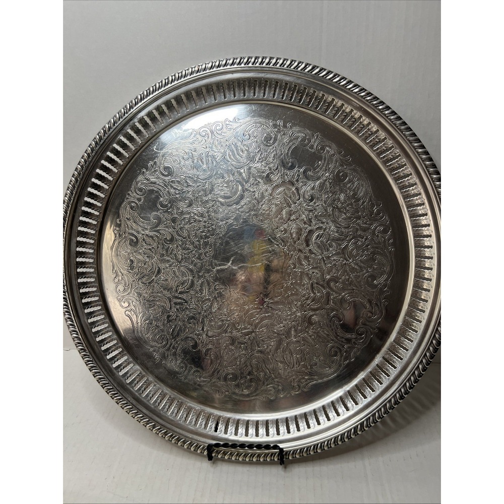 Vintage Sheffield Silver Co USA Silverplate Round Tray Ornate Engraved 14" 5/331